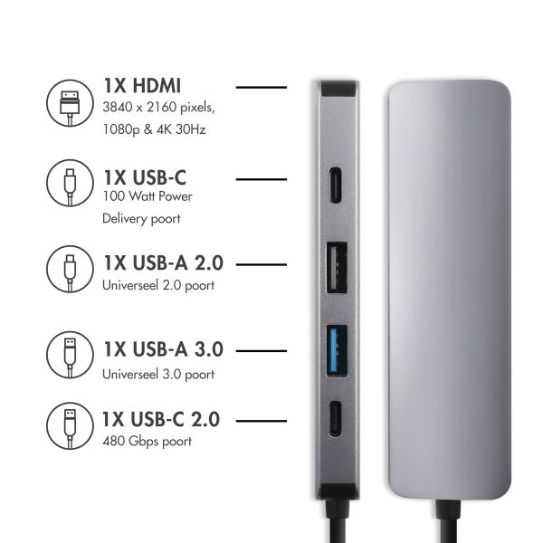 Accezz 5-in-1 USB-C Hub - 4K 30Hz Ultra HD - 100 Watt opladen - Docking station