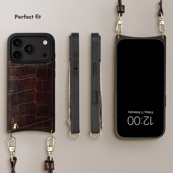 Selencia Nova Croco Phone Case with Cord and Card Holder Apple iPhone 18 Pro / 17 Pro - Choco Brown