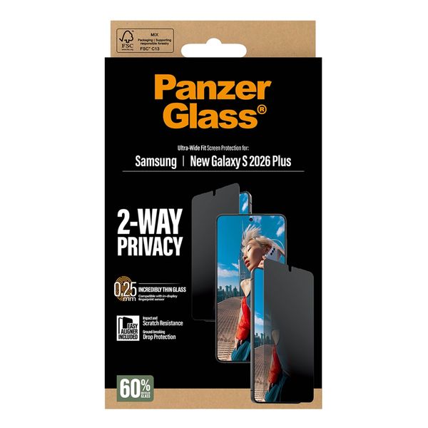 PanzerGlass Privacy Ultra-Wide Fit Anti-Bacterial Screenprotector incl. applicator Samsung Galaxy S26 Plus