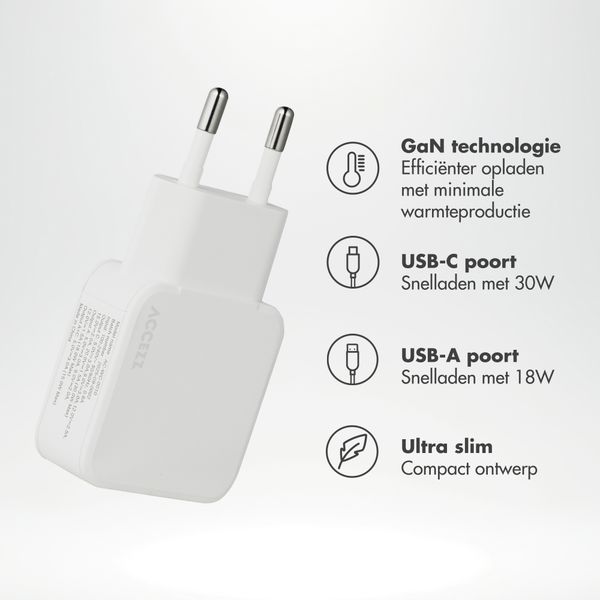 Accezz Ultra Slim GaN Oplader - USB-C + USB-A - 30W - Wit