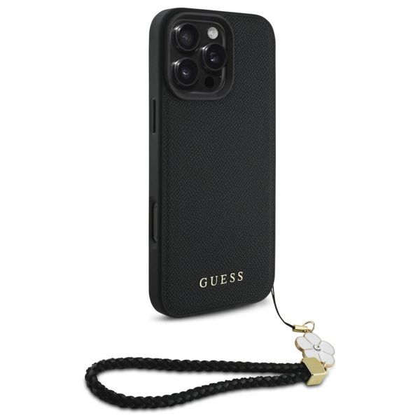 Guess Grained Backcover MagSafe met Flower Charm Strap Apple iPhone 16 Pro - Zwart