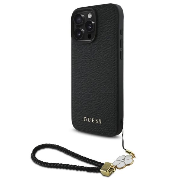 Guess Grained Backcover MagSafe met Flower Charm Strap Apple iPhone 16 Pro - Zwart