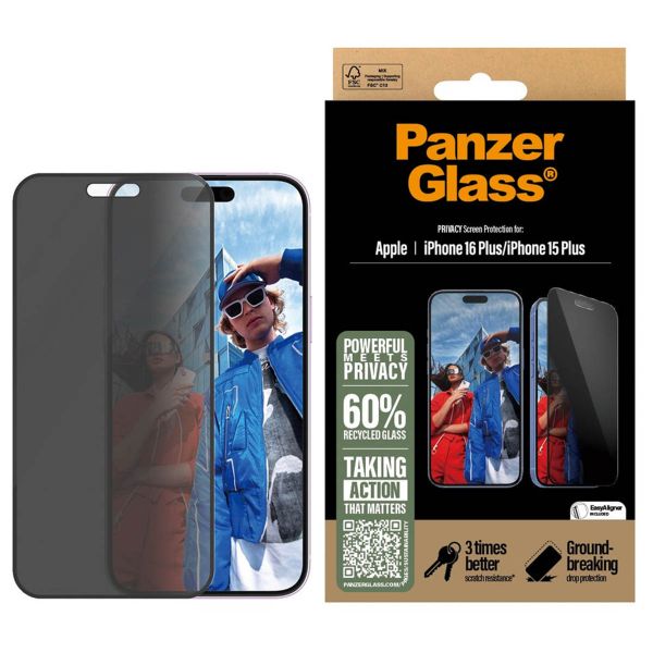 PanzerGlass Privacy Ultra-Wide Fit Anti-Bacterial Screenprotector incl. applicator iPhone 16 Plus