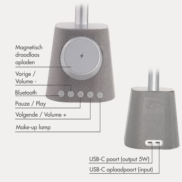 imoshion Make-up Spiegel met Bluetooth Speaker en Draadloze Oplader - Zilver