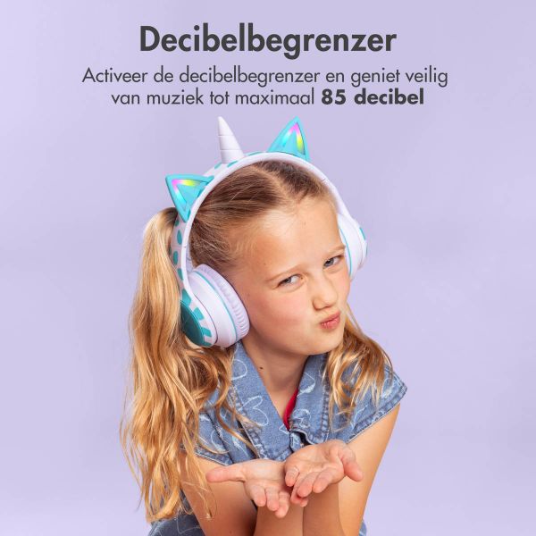 imoshion Kids Unicorn LED Light Bluetooth Headphones - Kinder koptelefoon met decibelbegrenzer - Draadloze koptelefoon + AUX kabel - Lavender Lilac / Soft Blue