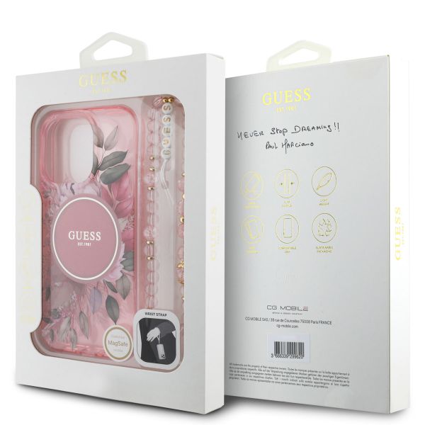 Guess MagSafe IML Flowers Case met beads strap Apple iPhone 15 Pro - Pink