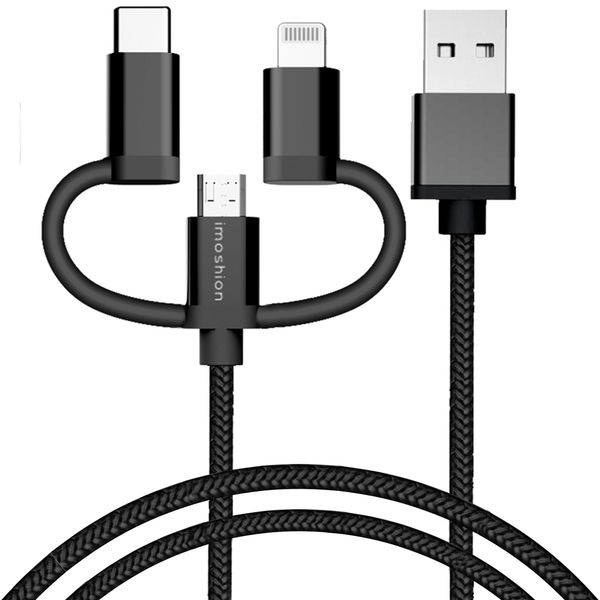 imoshion 3-in-1 kabel - Lightning, USB-C en Micro-USB kabel - Gevlochten textiel - 1,5 meter - Zwart