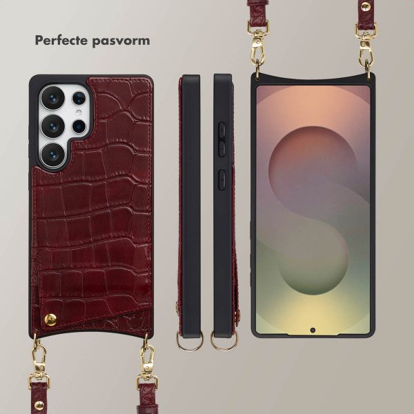 Selencia Nova Croco Telefoonhoes met Koord en Pashouder Samsung Galaxy S25 Ultra - Burgundy