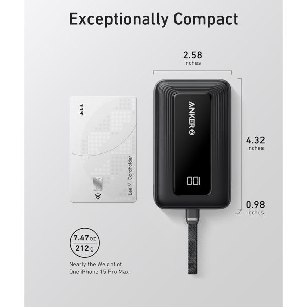 Anker Zolo Powerbank | 10.000 mAh - 30 Watt - Met geïntegreerde USB-C kabel - Zwart