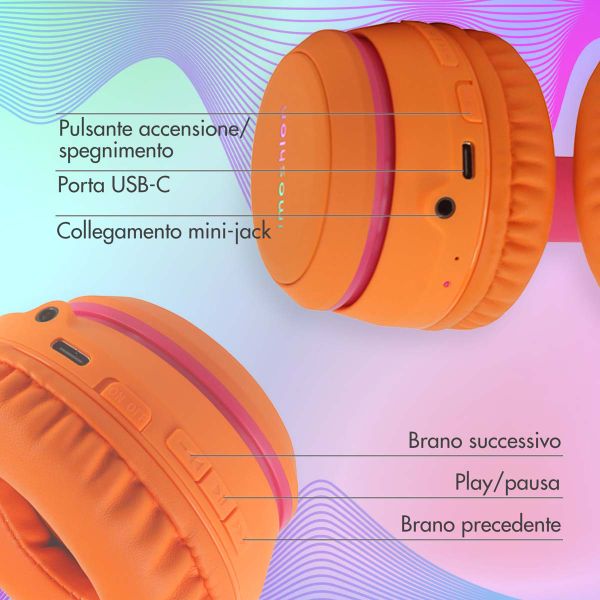 imoshion Draadloze Kinderkoptelefoon LED Light - Decibelbegrenzer - Met AUX kabel - Hot Pink / Apricot Orange Crush