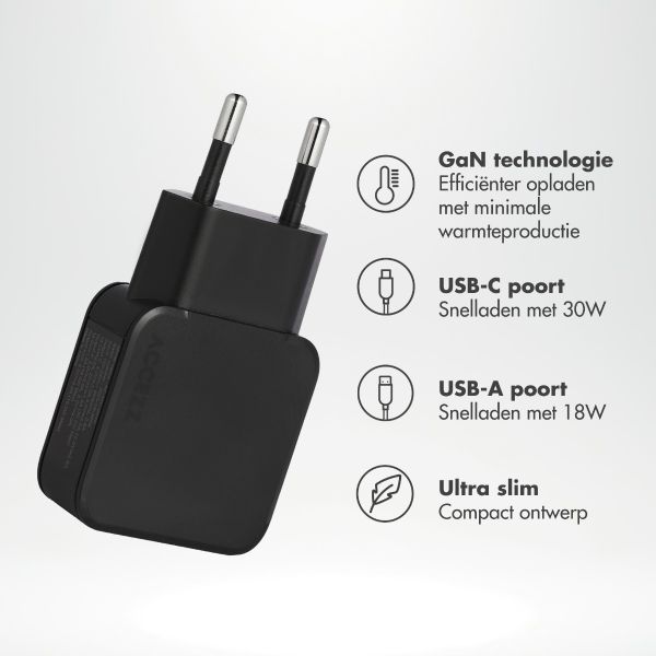 imoshion Powerbank 27.000 mAh + Accezz Ultra Slim GaN Oplader + Accezz USB-C naar USB-C kabel - 1 meter - Zwart
