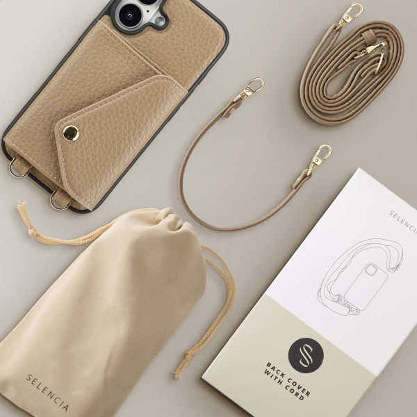 Selencia Sera Telefoonhoes met Koord en Envelop Pashouder Apple iPhone 16 - Taupe