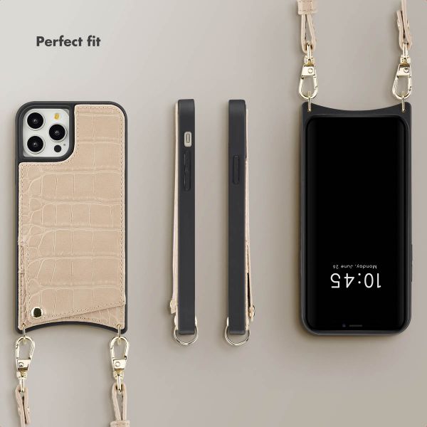 Selencia Nova Croco Phone Case with Cord and Card Holder Apple iPhone 12 (Pro) - Beige