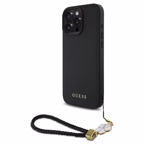 Guess Grained Backcover MagSafe met Flower Charm Strap Apple iPhone 16 Pro Max - Zwart