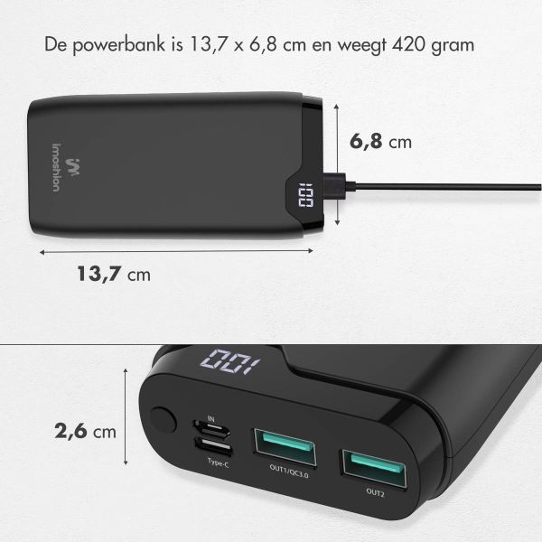 imoshion Powerbank 20.000 mAh + Accezz Ultra Slim GaN Oplader + Accezz USB-C naar USB-C kabel - 1 meter - Zwart