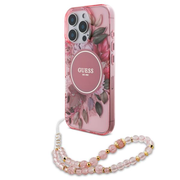 Guess MagSafe IML Flowers Case met beads strap iPhone 15 Pro Max - Pink