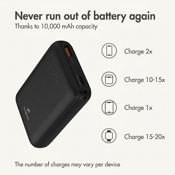 imoshion Compact Power Bank 10,000 mAh - Small power bank - 22.5W fast charger - USB-C / USB-A - Black
