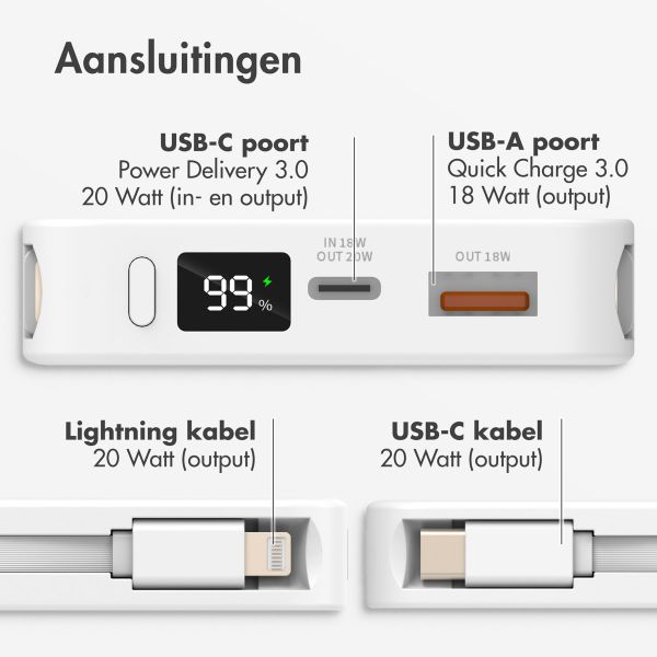 Powerbank 10.000 mAh met geïntegreerde kabels - Quick Charge en Power Delivery - Oranje Leeuw