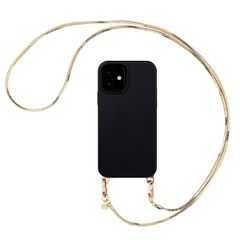 Selencia Rivièra MagSafe Backcover met afneembare haakjes voor de Apple iPhone 12 / 12 Pro - Velvet Black + Sleek Chain (130 cm) - Gold
