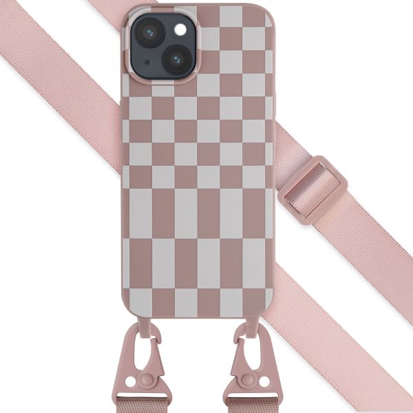 Selencia Siliconen design hoesje met afneembaar koord iPhone 15 - Irregular Check Sand Pink