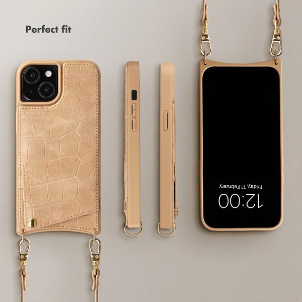 Selencia Nova Croco Phone Case with Cord and Card Holder Apple iPhone 15 - Toasted Almond