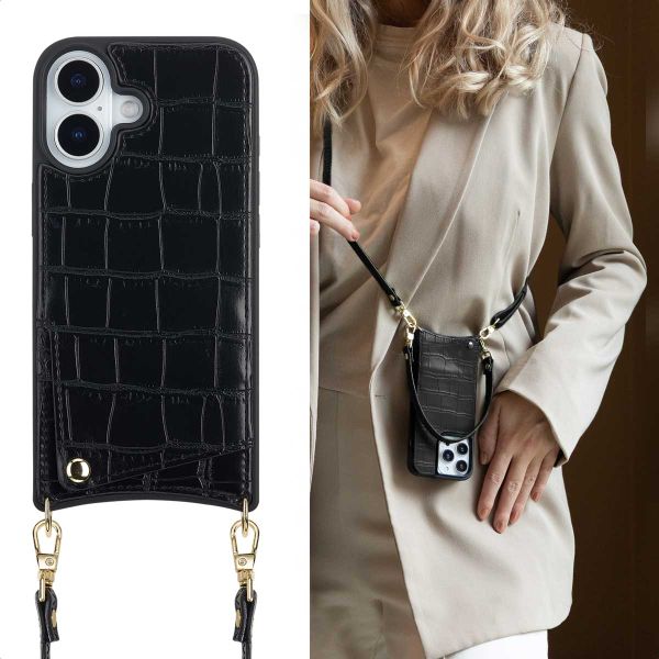 Selencia Nova Croco Telefoonhoes met Koord en Pashouder Apple iPhone 17 - Zwart