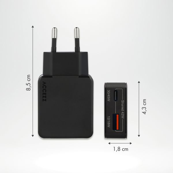 Accezz Ultra Slim GaN Oplader - USB-C + USB-A - 45W - Zwart