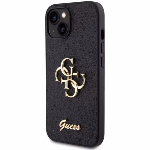 Guess 4G Metal Logo Glitter Backcover Apple iPhone 15 - Zwart