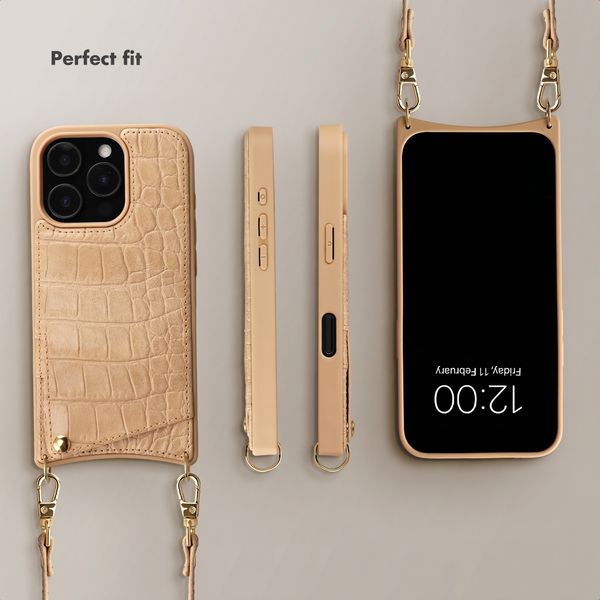 Selencia Nova Croco Phone Case with Cord and Card Holder Apple iPhone 16 Pro - Toasted Almond