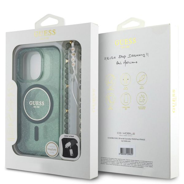 Guess MagSafe IML Glitter Case met beads strap Apple iPhone 16 Pro - Green