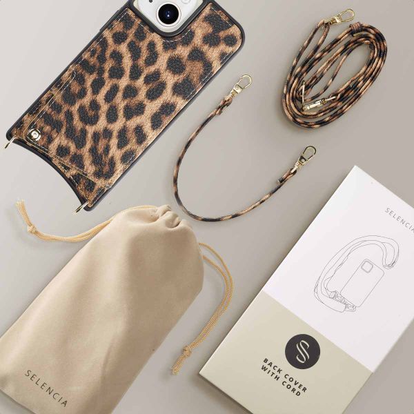 Selencia Nova Phone Case with Cord and Card Holder Apple iPhone 15 - Leopard