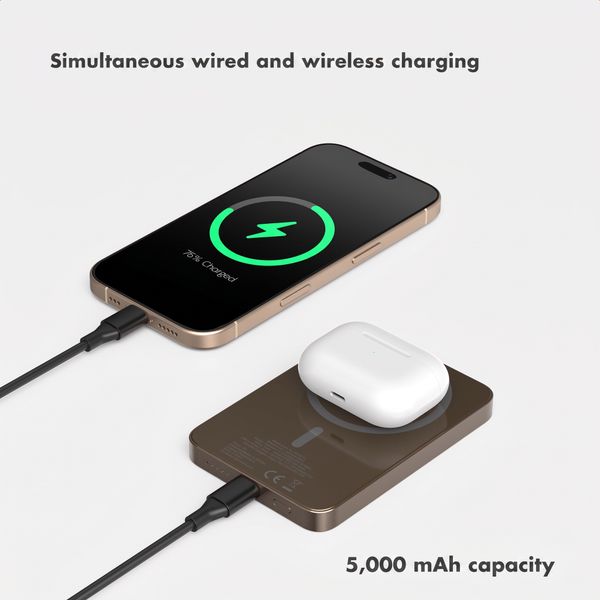 Selencia Vivid Powerbank 5,000 mAh - Wireless Powerbank - Compatible with MagSafe and Qi - Desert Gold / Happy Dots Burgundy