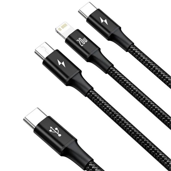 Baseus Rapid Series 3-in-1 snellaadkabel - USB-C naar USB-C / Lightning / Micro-USB - 20 Watt - 1,5 meter - Zwart