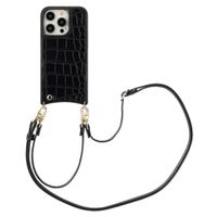 Selencia Nova Croco Telefoonhoes met Koord en Pashouder Apple iPhone 14 Pro - Zwart