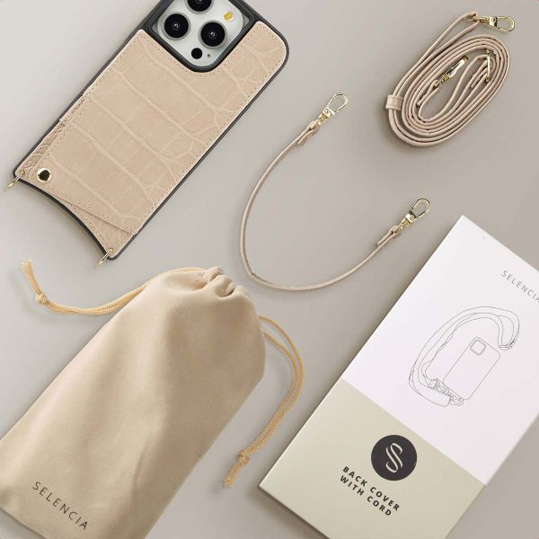 Selencia Nova Croco Phone Case with Cord and Card Holder Apple iPhone 14 Pro - Beige
