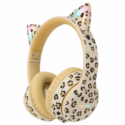 imoshion Special Edition - Draadloze Kinderkoptelefoon met Panterprint LED Light Cat Ear - Decibelbegrenzer - Met AUX kabel - Leopard