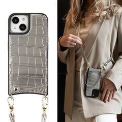 Selencia Nova Croco Backcover met koord en pashouder iPhone 15 - Silver