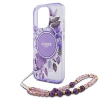 Guess MagSafe IML Flowers Case met beads strap iPhone 15 Pro - Purple