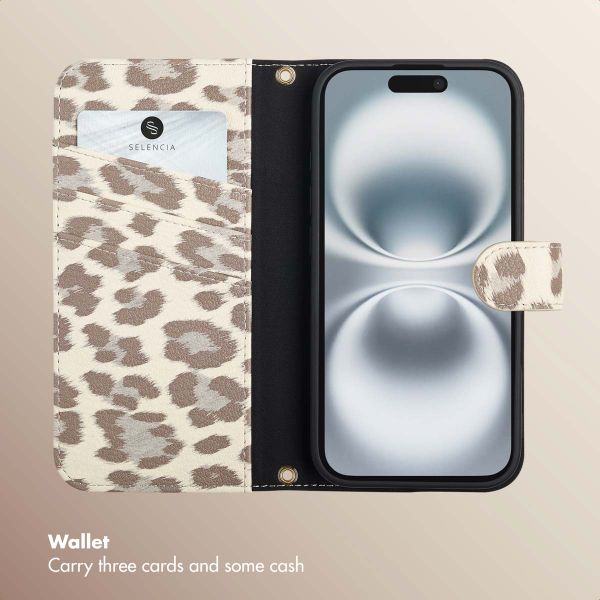 Selencia Sabi Bookcase with Leopard Print Apple iPhone 16 - Soft Ivory