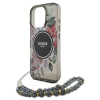 Guess MagSafe IML Flowers Case met beads strap Apple iPhone 16 Pro - Zwart