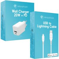 imoshion Wall Charger met Lightning naar USB-A kabel - Oplader - MFi certificering - Gevlochten textiel - 20 Watt - 1,5 meter - Wit