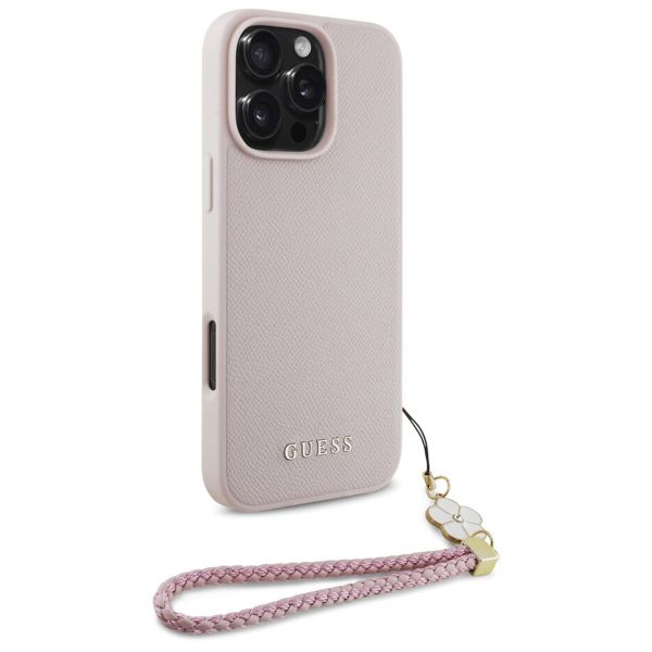 Guess Grained Backcover MagSafe met Flower Charm Strap Apple iPhone 16 Pro - Roze