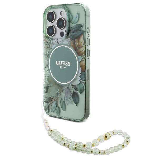 Guess MagSafe IML Flowers Case met beads strap iPhone 16 Pro - Green