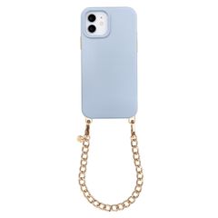 Selencia Rivièra MagSafe Backcover met afneembare haakjes voor de Apple iPhone 12 / 12 Pro - Powder Blue + Bold Chain Polskoord - Gold