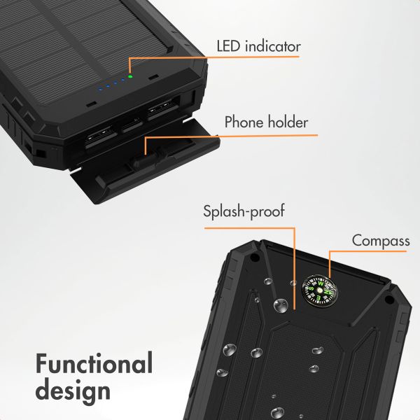 imoshion Solar Powerbank 10,000 mAh - Solar-Powered Wireless Powerbank - Quick Charge and Power Delivery - Black