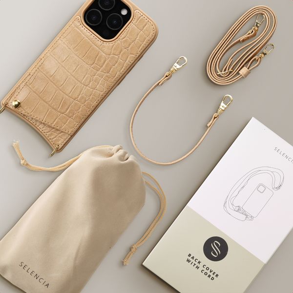 Selencia Nova Croco Phone Case with Cord and Card Holder Apple iPhone 16 Pro - Toasted Almond