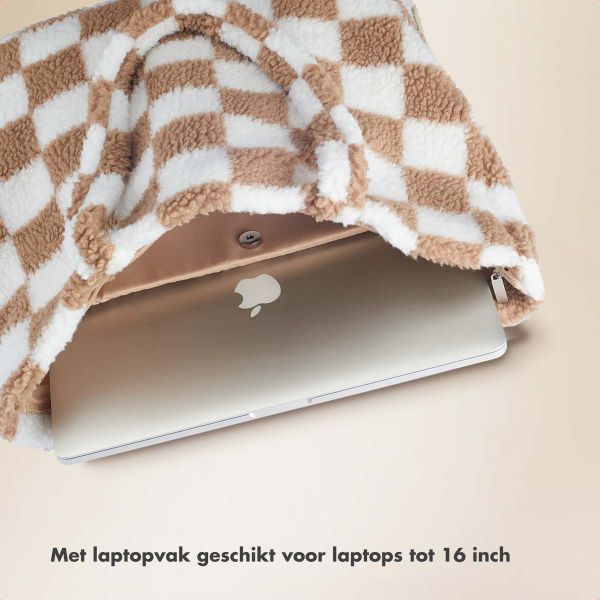 Selencia Zaya Tote Bag - Teddy Laptoptas 16 inch - Checkered Beige