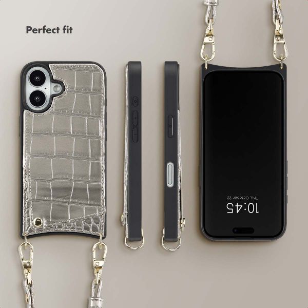 Selencia Nova Croco Phone Case with Cord and Card Holder Apple iPhone 16 - Silver