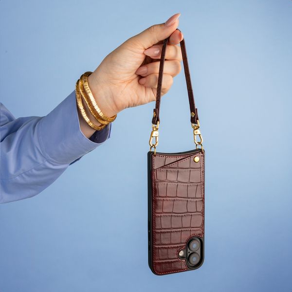 Selencia Nova Croco Telefoonhoes met Koord en Pashouder Apple iPhone 15 - Burgundy