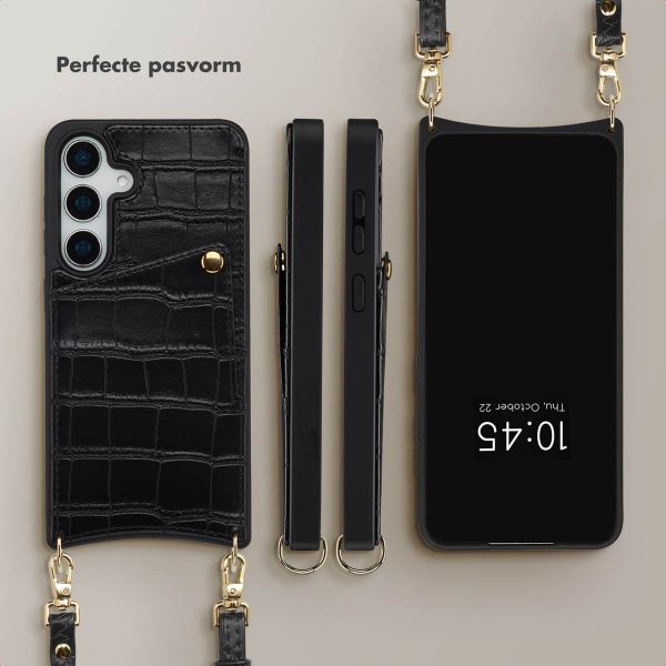 Selencia Nova Croco Telefoonhoes met Koord en Pashouder Samsung Galaxy S24 / S25 - Zwart